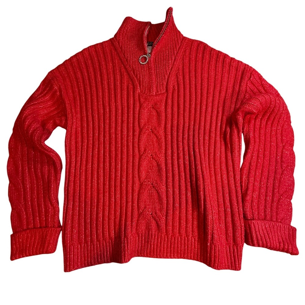 Venus Womens Red Cable Knit Quarter Zip Sweater Rhinestone Pull Size Large